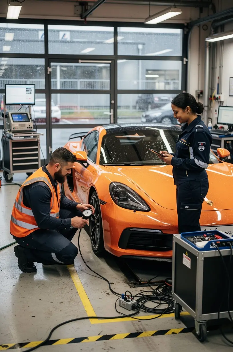 Techniker verwendet Diagnosegerät zur Analyse der Fahrzeugtechnik vor dem Kauf.