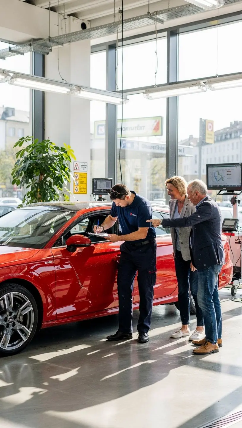 Detaillierte Fahrzeugbewertung mit Schwerpunkt auf Bremsen und Fahrwerk in der Werkstatt.